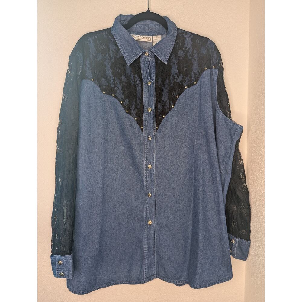 VTG Adobe Rose Lace Western Denim Cotton Button-Up 3XL Plus